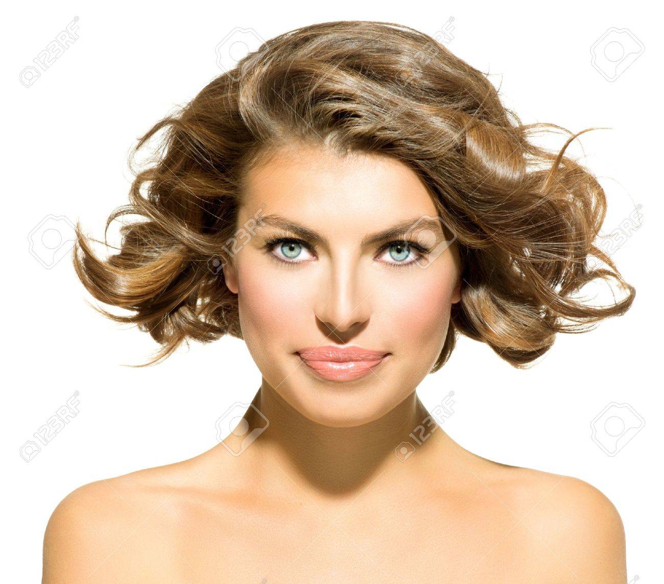 Beauty Young Woman Portrait Over White Short Curly Hair Stock