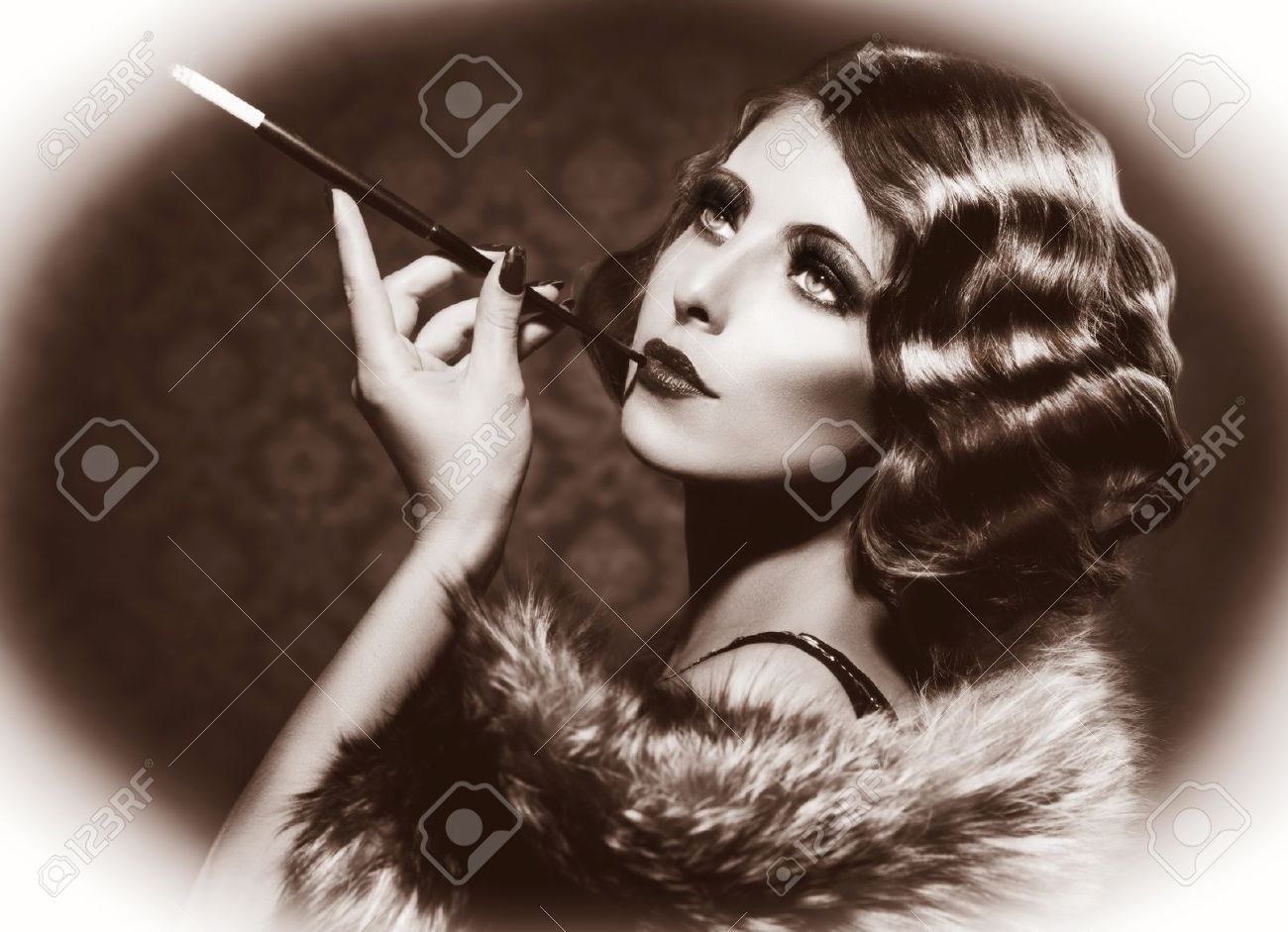 Smoking retro woman vintage styled black and white photo stock photo 22132819