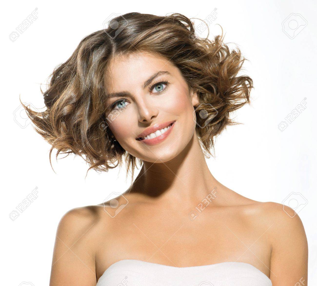 Beauty Young Woman Portrait Over White Short Curly Hair Stock