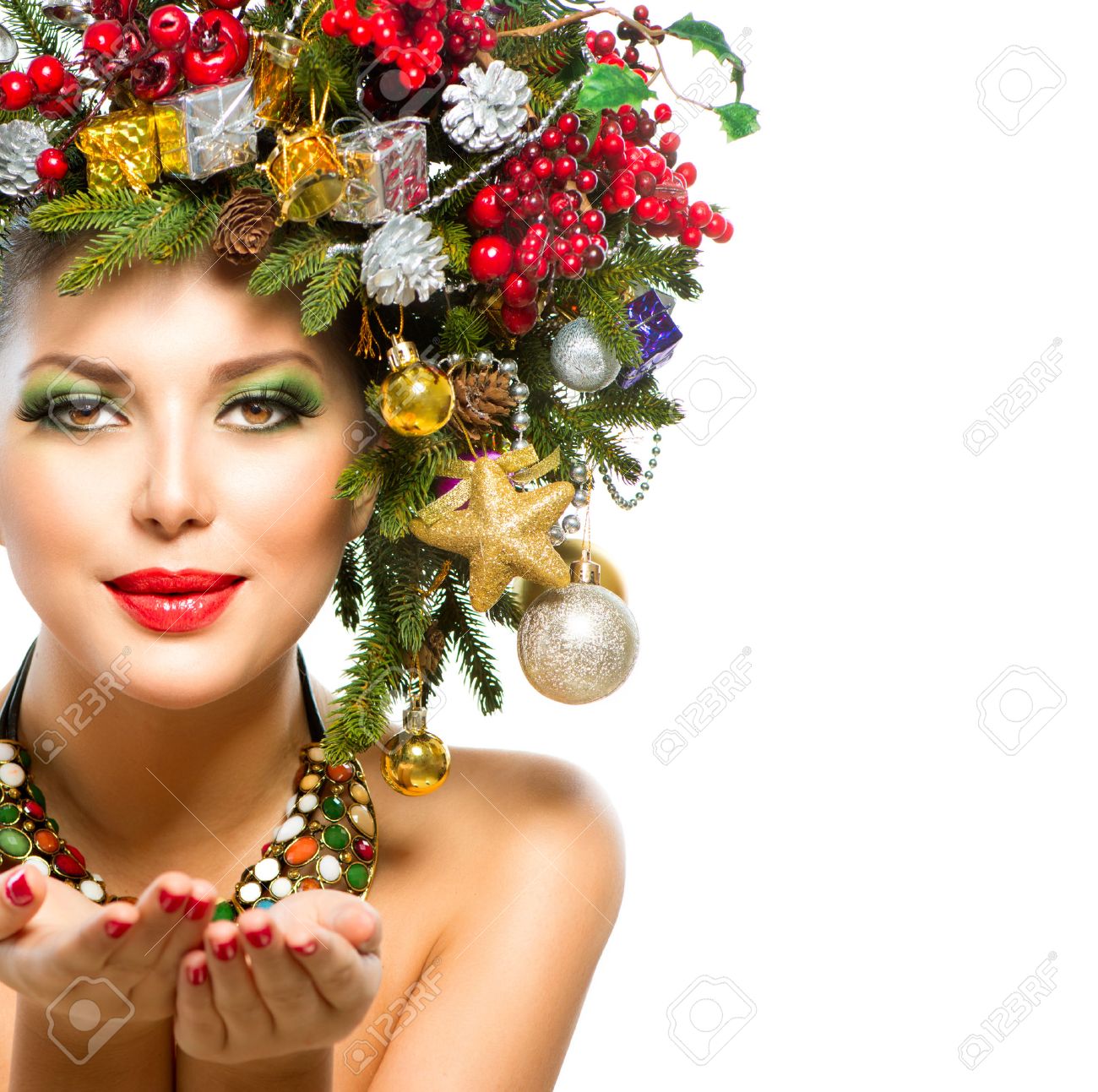 Christmas Woman Christmas Tree Holiday Hairstyle and Makeup