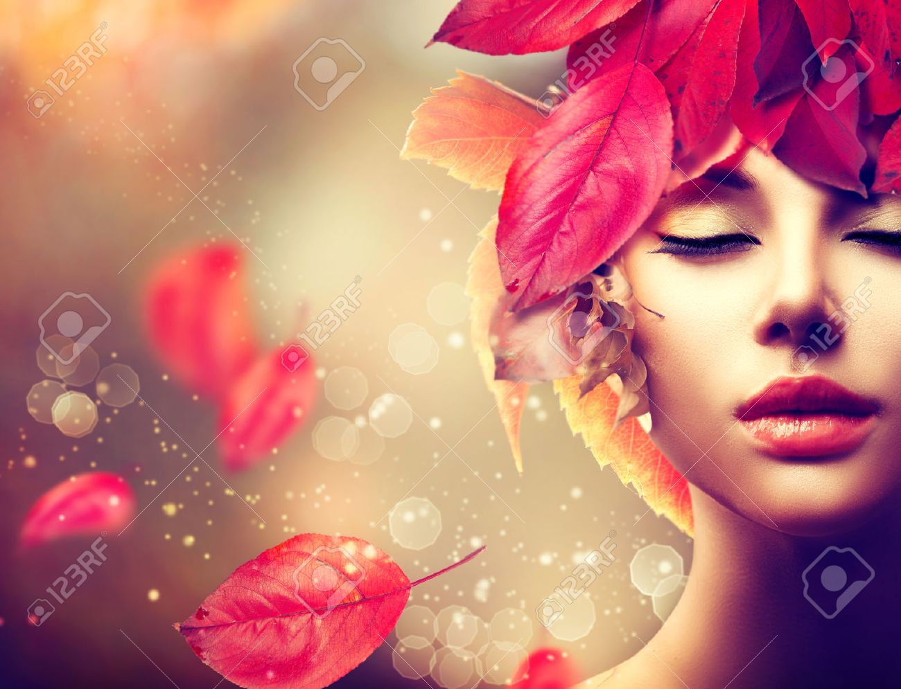 Autumn Woman. Fall. Girl with colourful autumn leaves hairstyle - 31807508 Autumn Woman. Fall. Girl with colourful autumn leaves hairstyle - 31807508