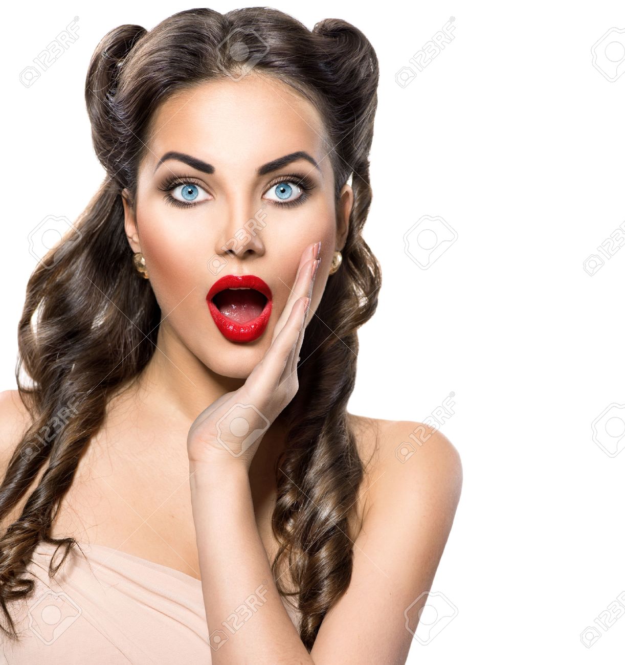 surprised retro woman beauty vintage excited girl over white stock