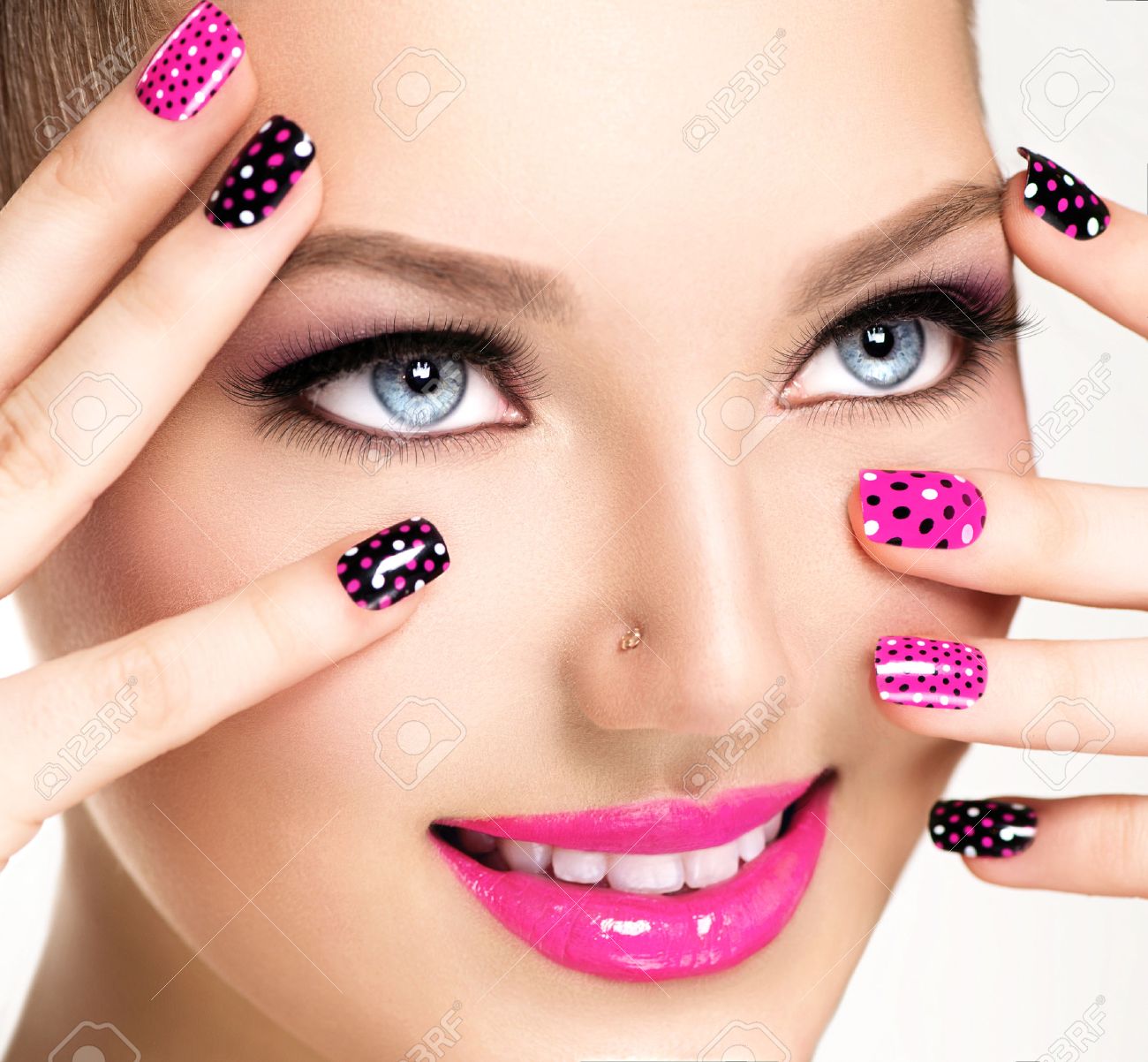 Woman Portrait Close Up. Bright Colors. Manicure And Makeup Stock