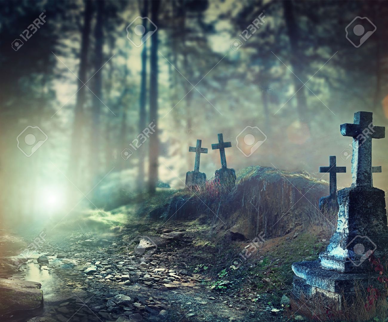 halloween art design background foggy graveyard stock photo