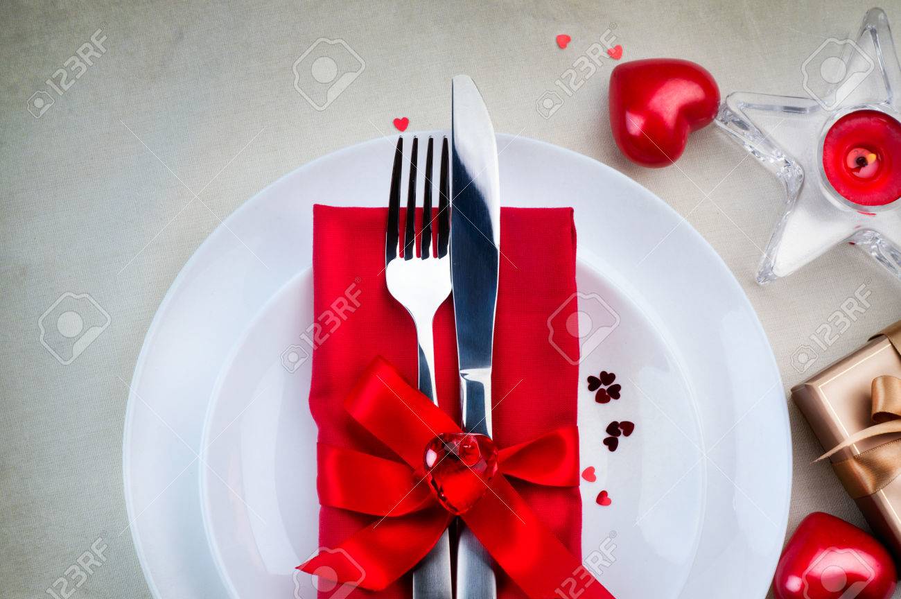 Valentines Day Romantic Dinner Table Setting Stock Photo