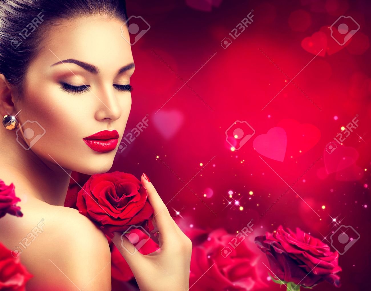 Beauty romantic woman with red rose flowers. Valentines day - 52157252 Beauty romantic woman with red rose flowers. Valentines day - 52157252