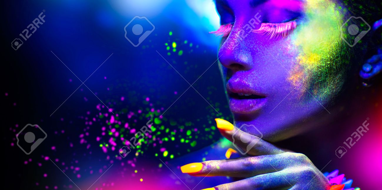 Fashion woman in neon light, portrait of beauty model with fluorescent makeup - 56596772 Fashion woman in neon light, portrait of beauty model with fluorescent makeup - 56596772