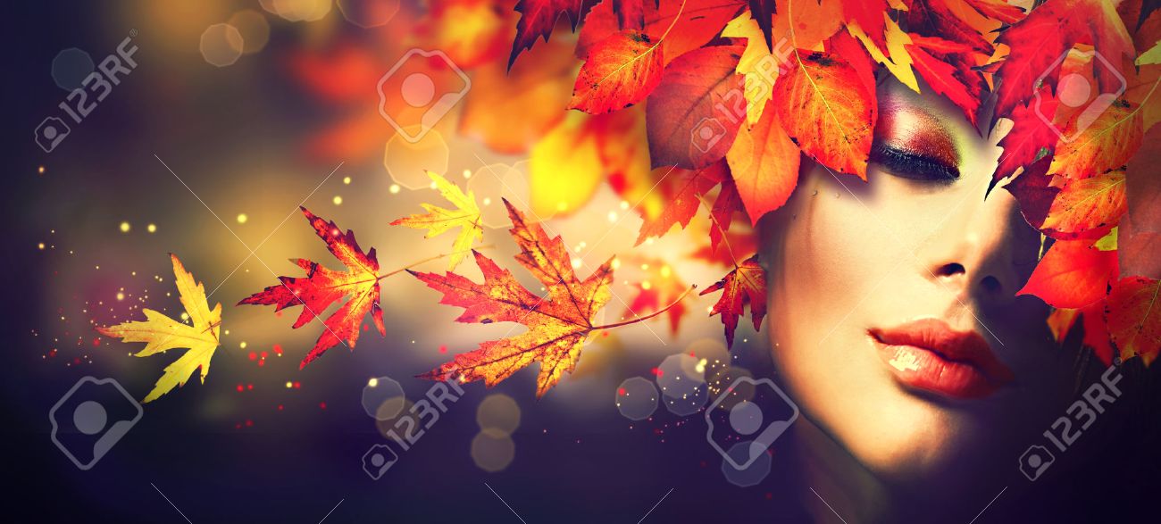 Fall. Beauty model girl with colourful autumn leaves hairstyle - 62203134 Fall. Beauty model girl with colourful autumn leaves hairstyle - 62203134