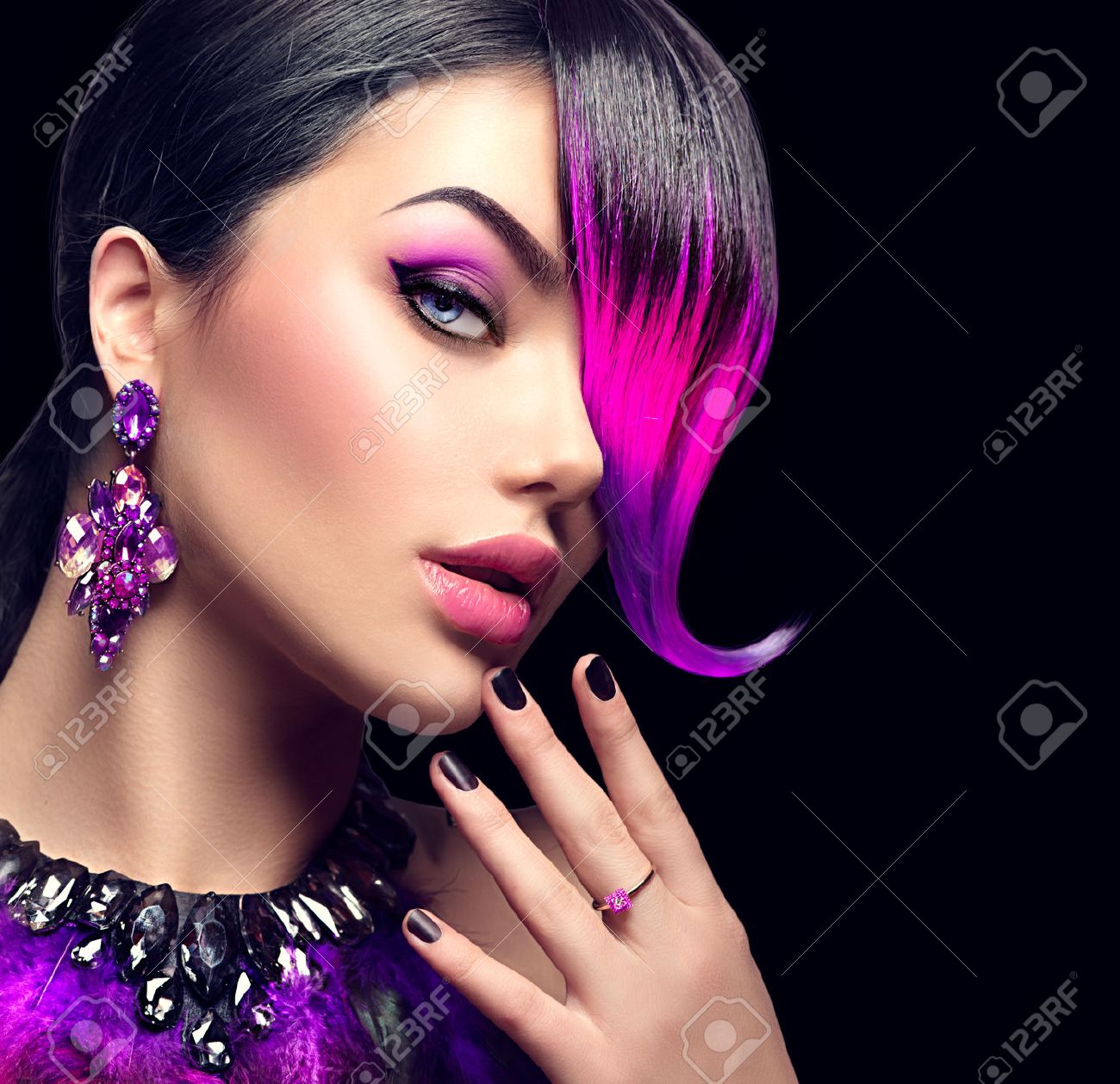 Sexy beauty fashion woman with purple dyed fringe hairstyle isolated on black background - 63403481 Sexy beauty fashion woman with purple dyed fringe hairstyle isolated on black background - 63403481