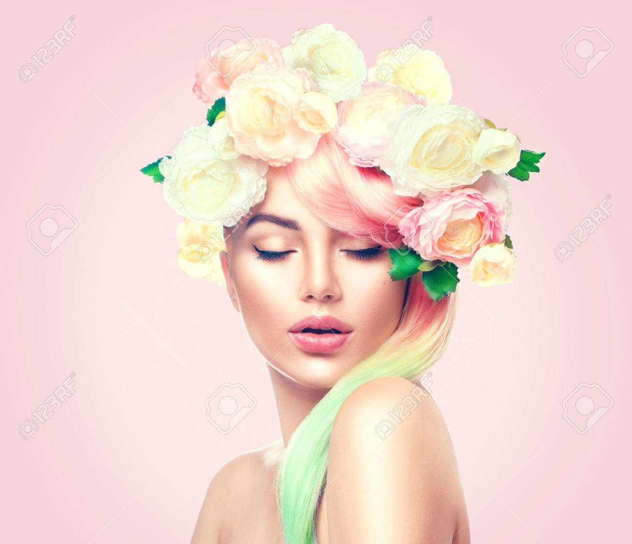 Beauty summer model girl with colorful flowers wreath. Flowers hair style - 74044904 Beauty summer model girl with colorful flowers wreath. Flowers hair style - 74044904
