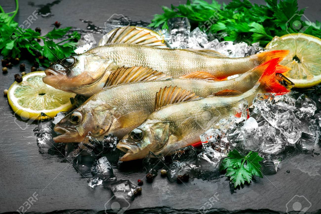 芳香のハーブ スパイス 塩氷に新鮮な魚 ダーク スレート トレイに生の止まり木 の写真素材 画像素材 Image