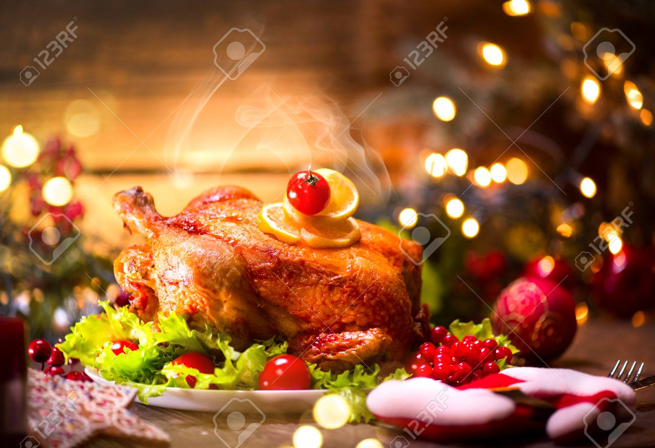 Christmas dinner. Decorated holiday table with roasted chicken - 91246887 Christmas dinner. Decorated holiday table with roasted chicken - 91246887