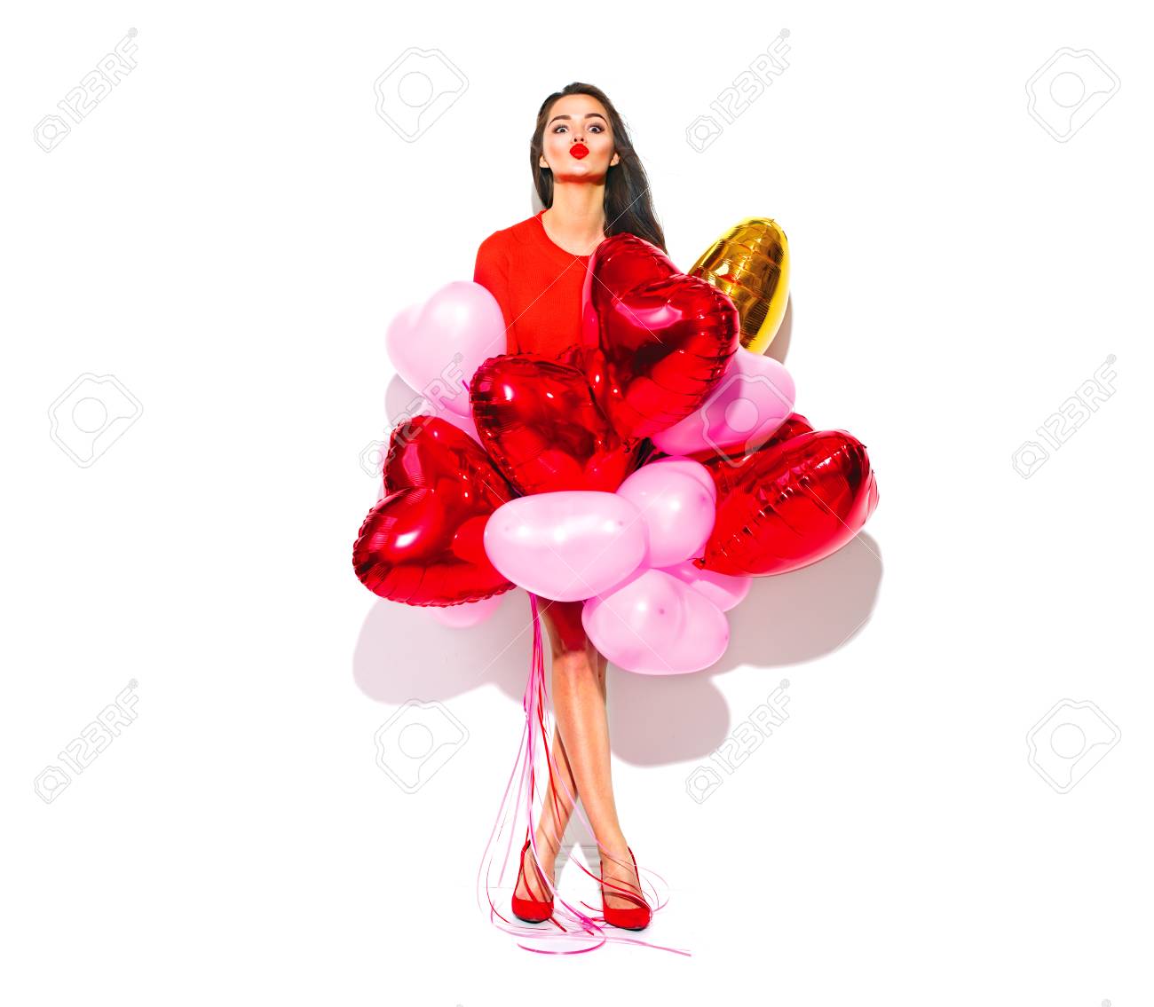 Valentine's Day. Joyful beauty girl with colorful air balloons having fun, isolated on white background. Full length portrait - 93531899 Valentine's Day. Joyful beauty girl with colorful air balloons having fun, isolated on white background. Full length portrait - 93531899