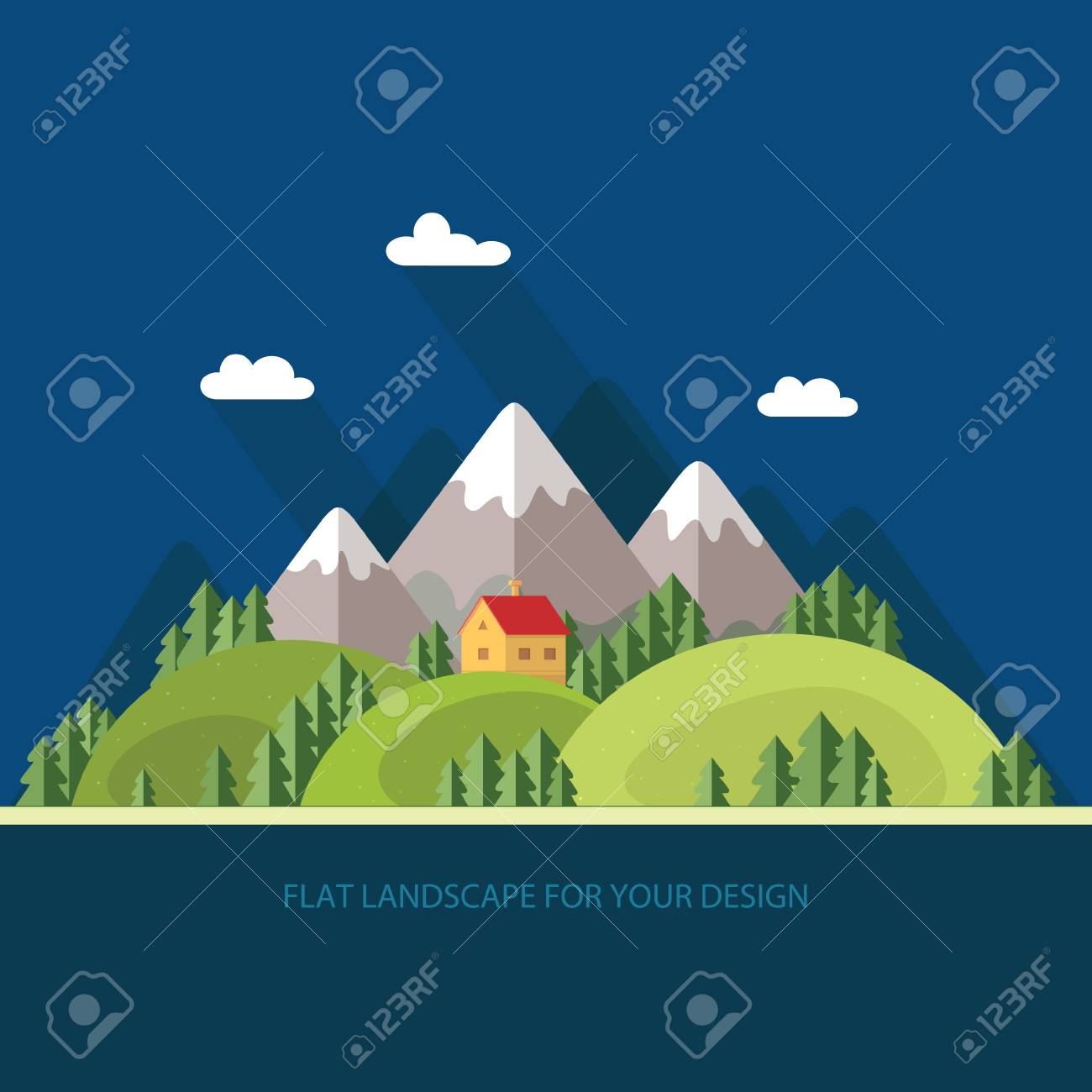 風景です 木の中で山の中の家 フラット スタイル ベクトル イラスト のイラスト素材 ベクタ Image