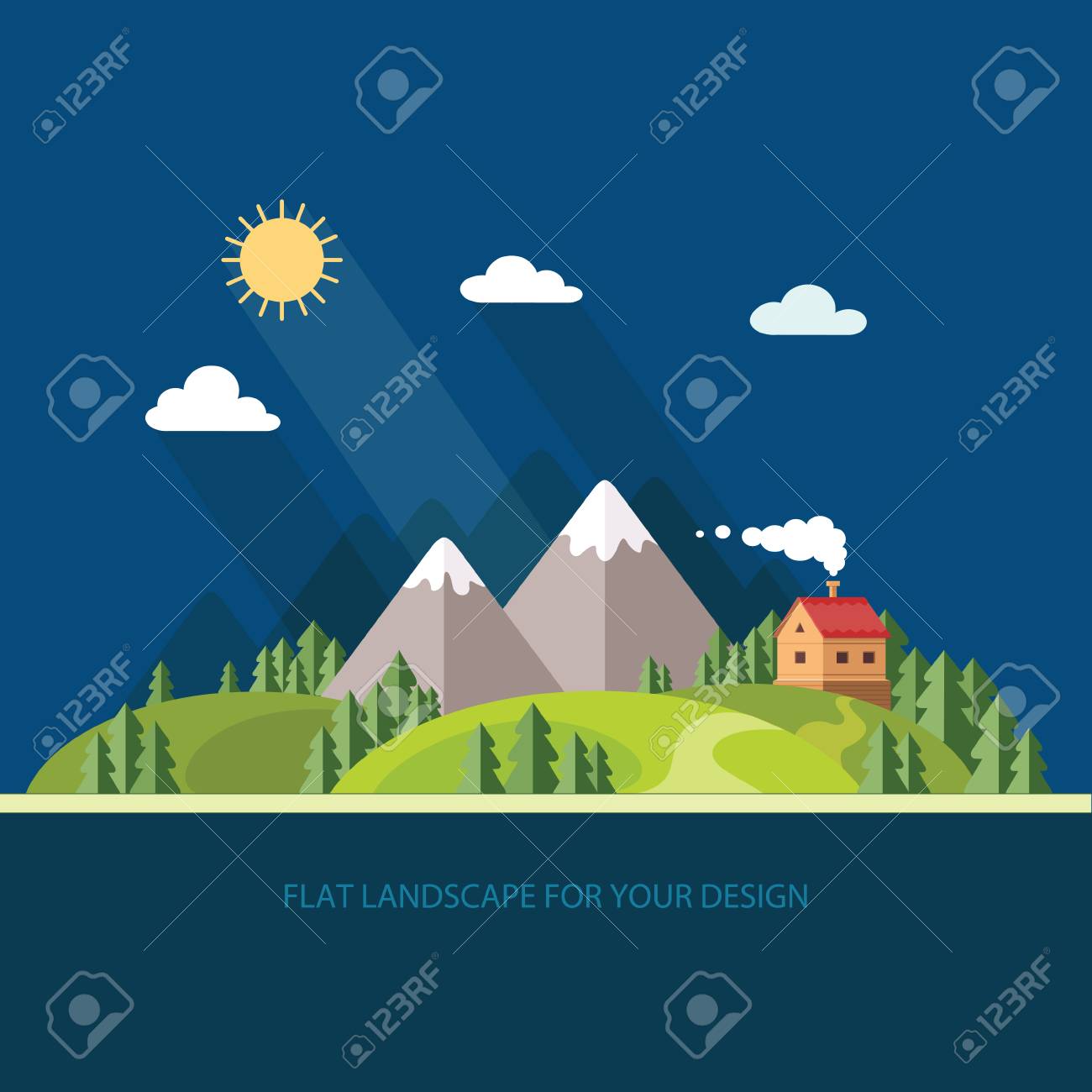 風景です 木の中で山の中の家 フラット スタイル ベクトル イラスト のイラスト素材 ベクタ Image