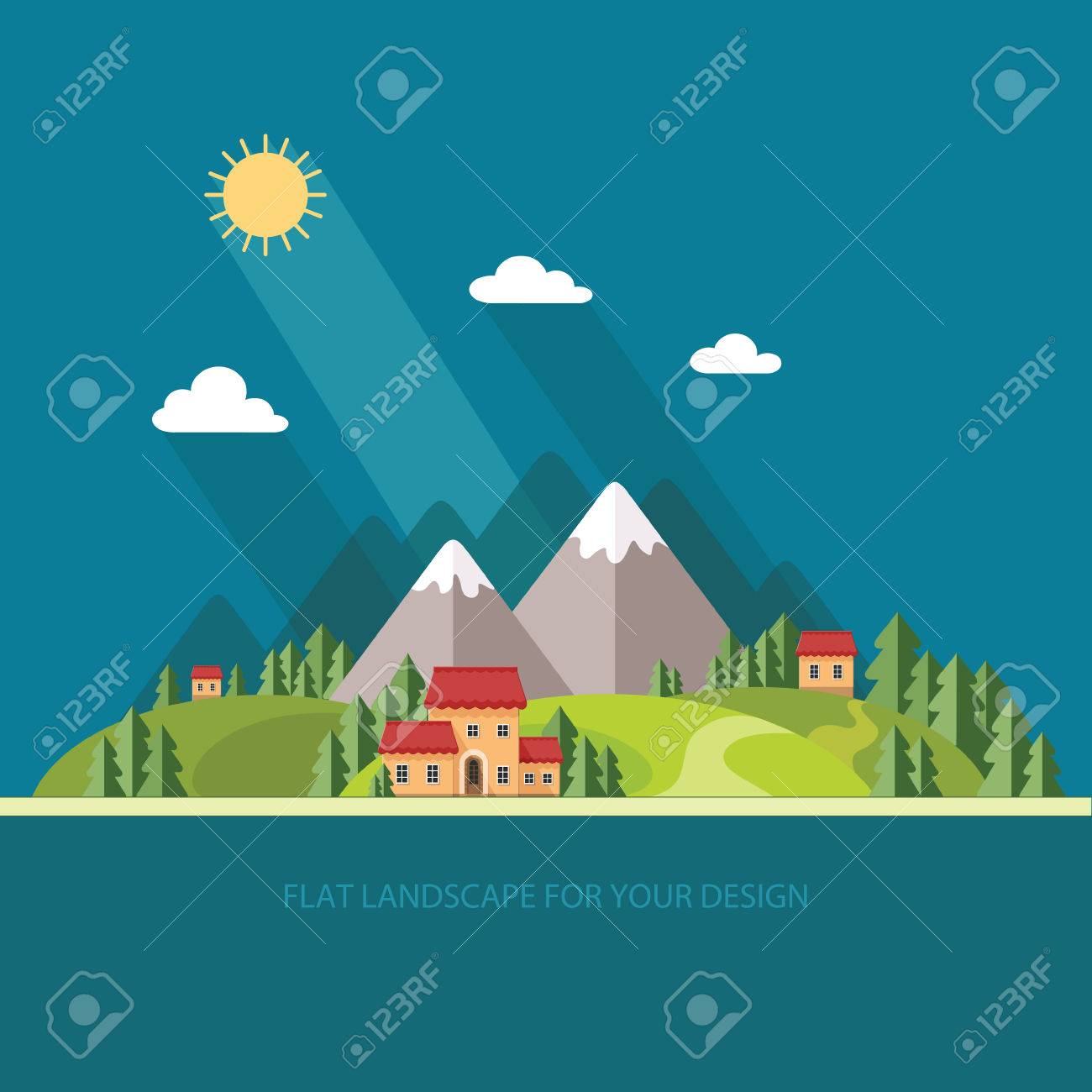 風景です 木の中で山の中の家 フラット スタイル ベクトル イラストのイラスト素材 ベクタ Image