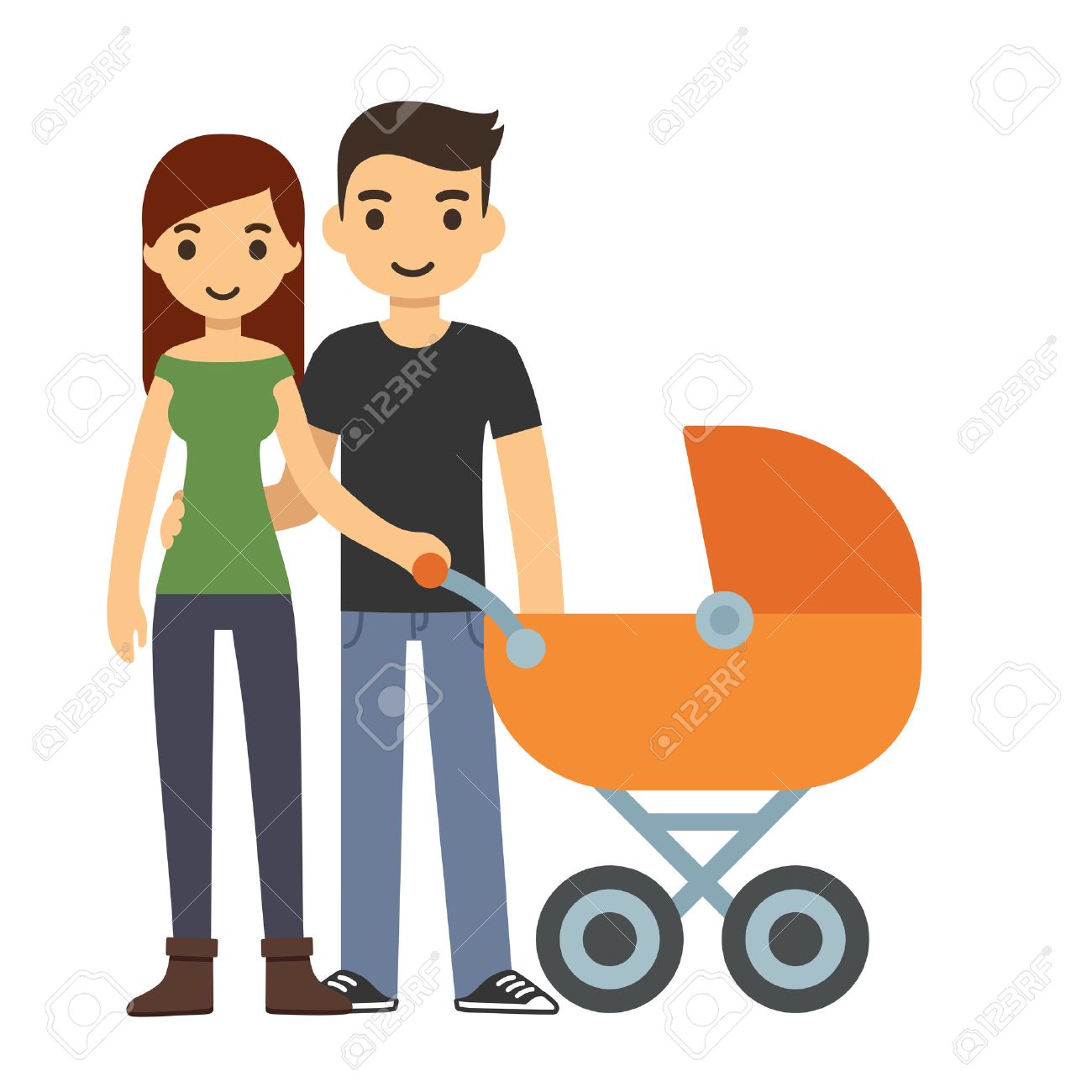 Cute Cartoon Young Couple With A Baby In A Stroller Isolated