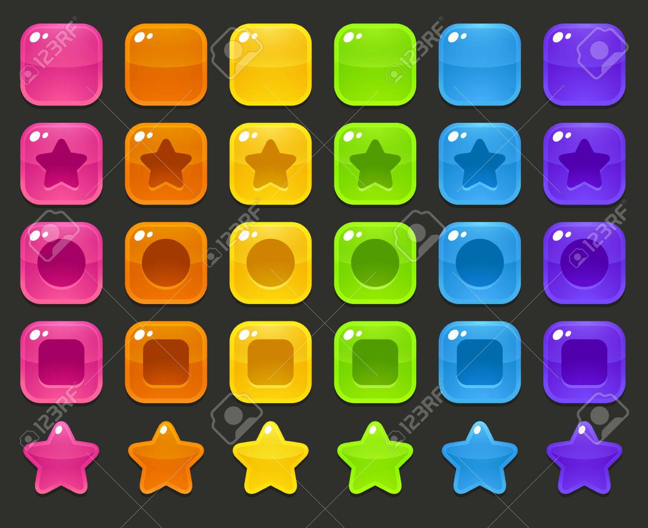 マッチ 3 パズル ゲームのカラフルな光沢のあるブロックのセットです。さまざまな形と色。のイラスト素材・ベクター Image 43837929