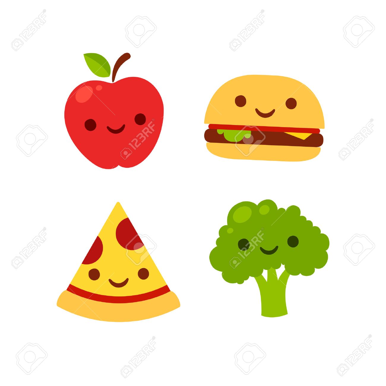 Cute Cartoon Icons With Smiling Faces: Apple, Broccoli, Burger And Pizza. Fast Food And Healthy Food Vector Illustration. Royalty Free SVG, Cliparts, Vectors, And Stock Illustration. Image 45653613. Cute Cartoon Icons With Smiling Faces: Apple, Broccoli, Burger And Pizza. Fast Food And Healthy Food Vector Illustration. Royalty Free SVG, Cliparts, Vectors, And Stock Illustration. Image 45653613.