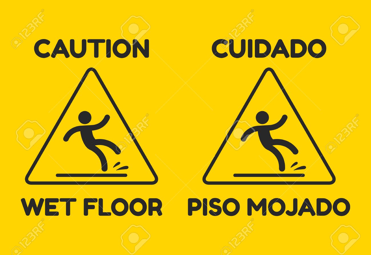 archivio fotografico segnale di avvertimento giallo con testo in inglese e spagnolo attenzione pavimento bagnato illustrazione vettoriale isolato