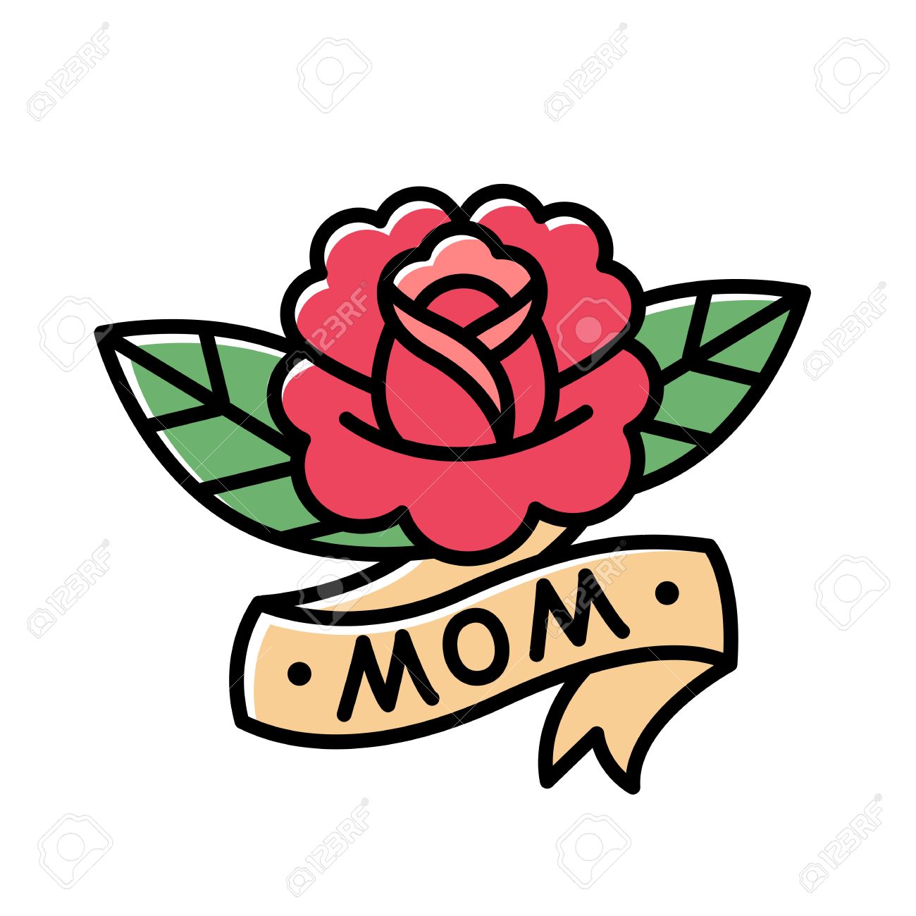 traditional american style rose tattoo with ribbon and word mom traditional american style rose tattoo with ribbon and word mom