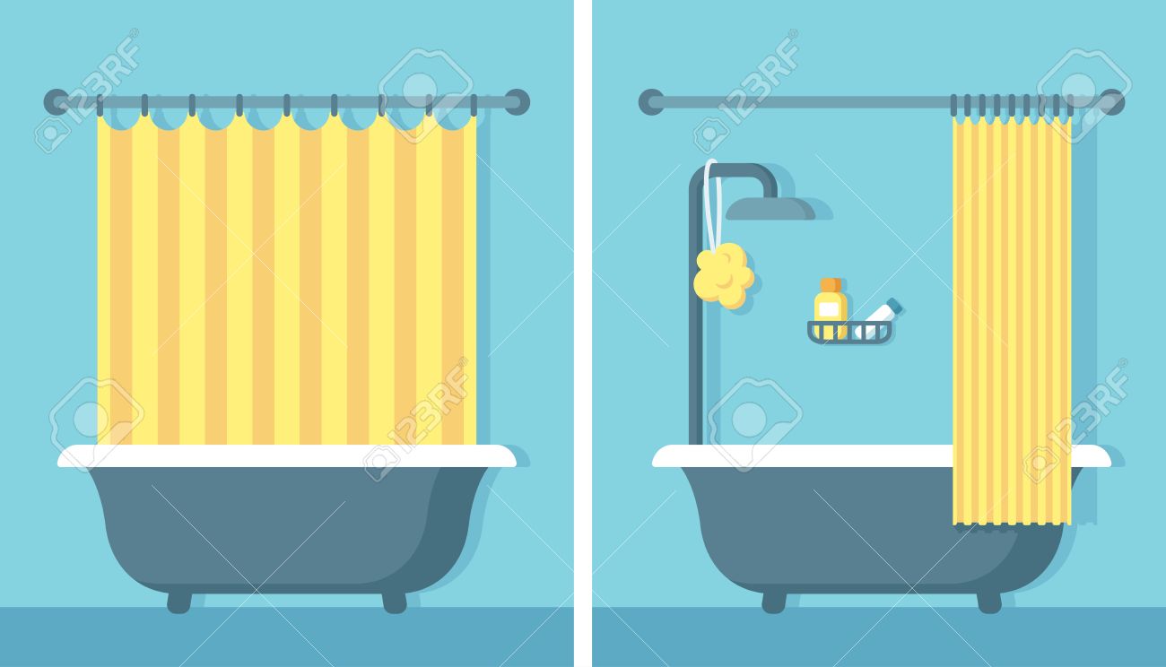 bathroom shower interior in flat cartoon vector style with open