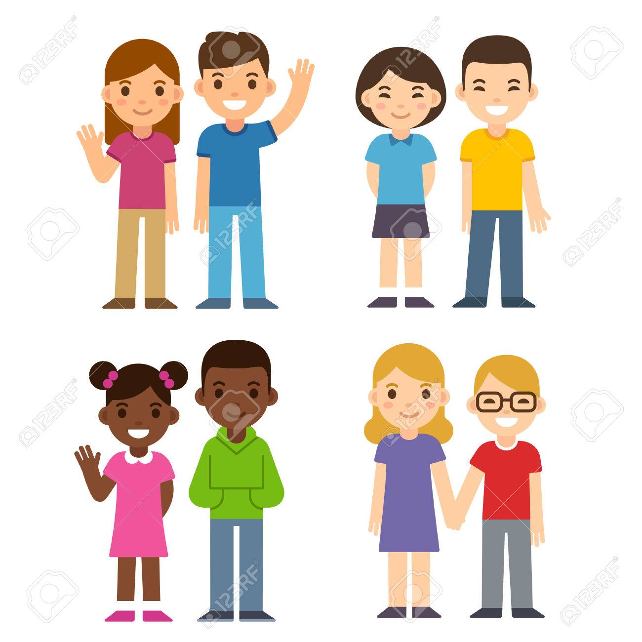 かわいい漫画多様な子供カップル 男の子と女の子のセットです 白人 アジアと黒の子供たち 幸せな子供のイラスト 平面ベクトル スタイル のイラスト素材 ベクタ Image 5447