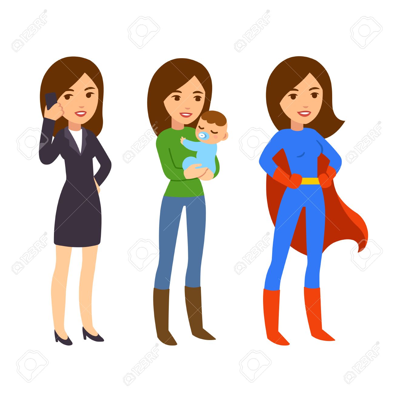 Concept De Superwoman Maman Avec Bebe Femme D Affaires Sur Le Telephone Et En Costume De Super Heros La Vie Drole Et L Equilibre De Travail Illustration Clip Art Libres De Droits Vecteurs Et