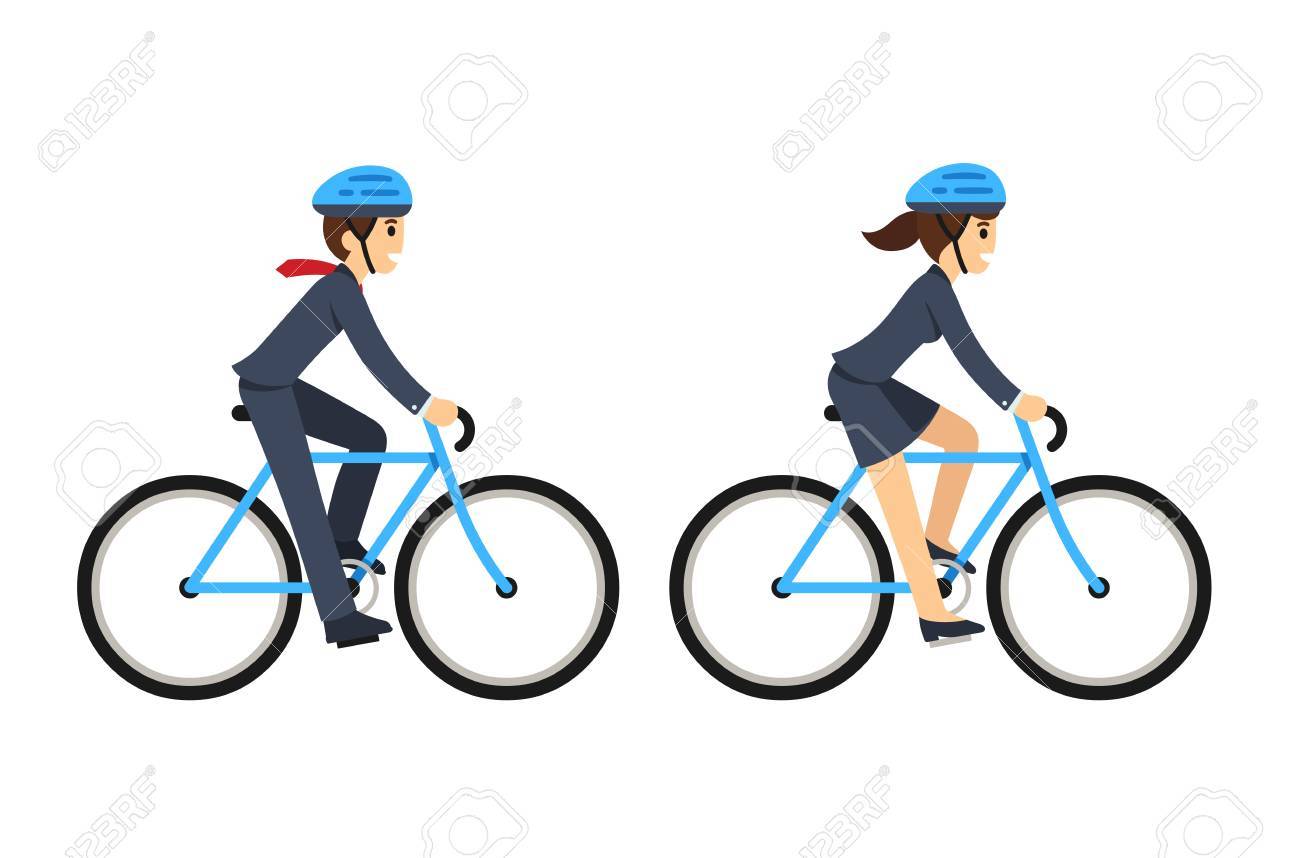 自転車に乗ってビジネス スーツの女 若い男 かわいいフラット漫画スタイルのベクトル イラスト のイラスト素材 ベクタ Image