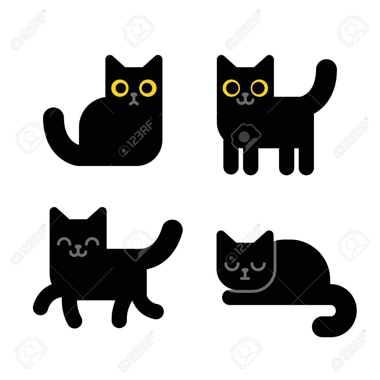Chat Noir Dessin Anime Mignon Situe Dans Des Poses Differentes Illustration Vectorielle Plane Simple Geometrique Clip Art Libres De Droits Vecteurs Et Illustration Image