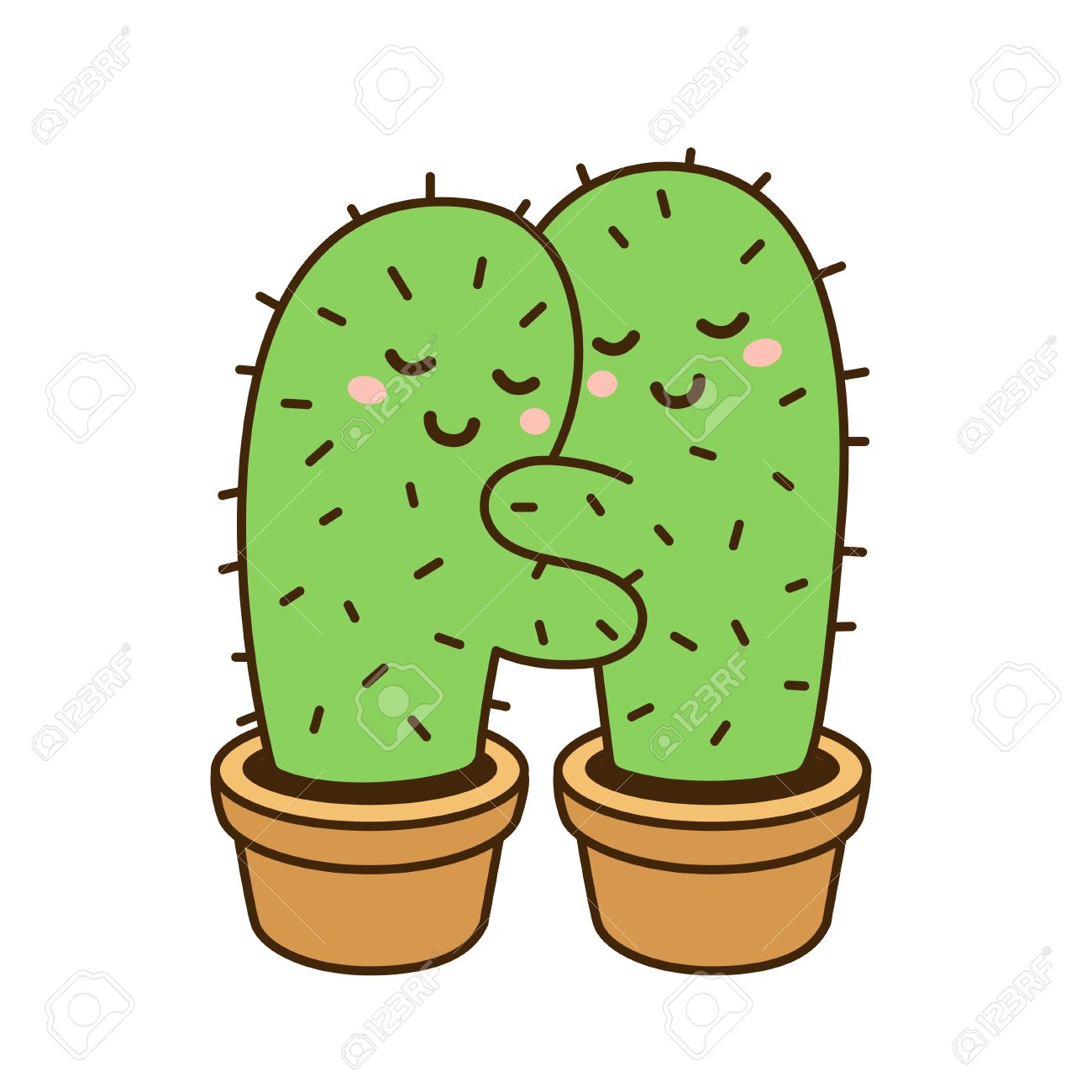 Cactus Hug Vector Drawing. Cute Cartoon Cactus Couple In Love ...