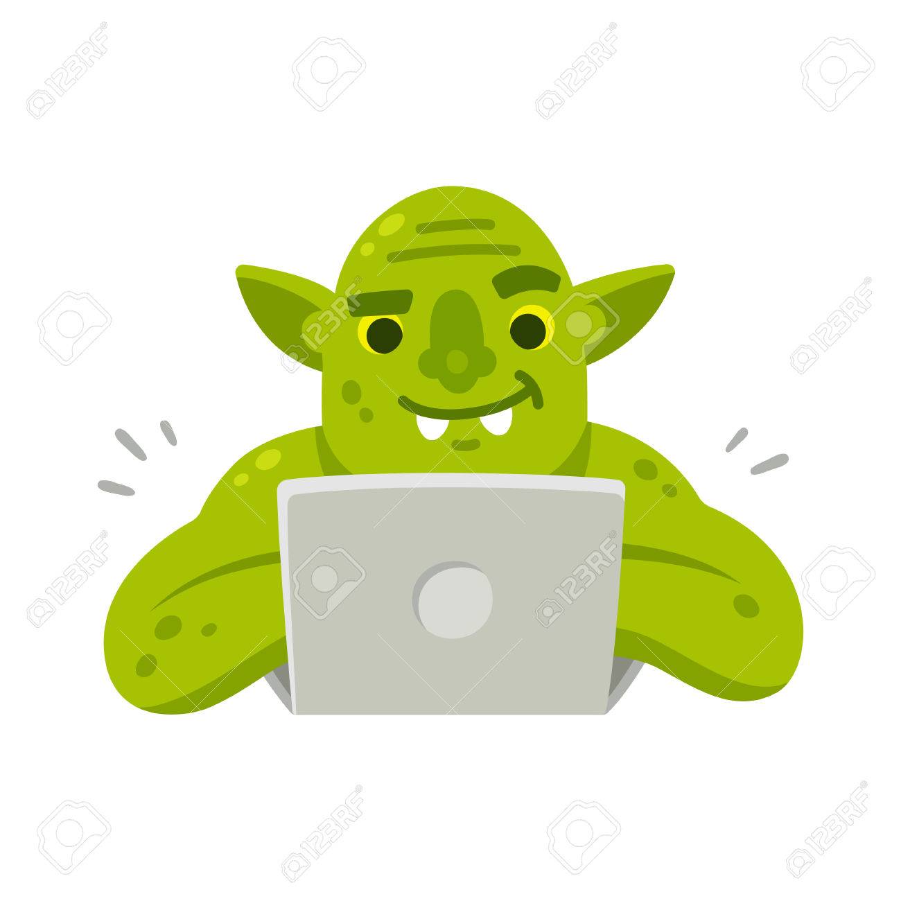 internet troll with computer funny cartoon vector illustration