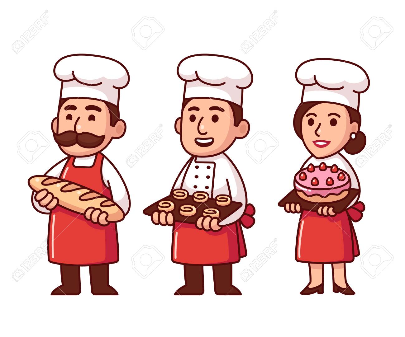 Personnages De Dessin Anime Boulanger En Uniforme Avec Du Pain Des Petits Pains Et Des Gateaux Mignons Chefs Masculins Et Feminins Clip Art Libres De Droits Vecteurs Et Illustration Image