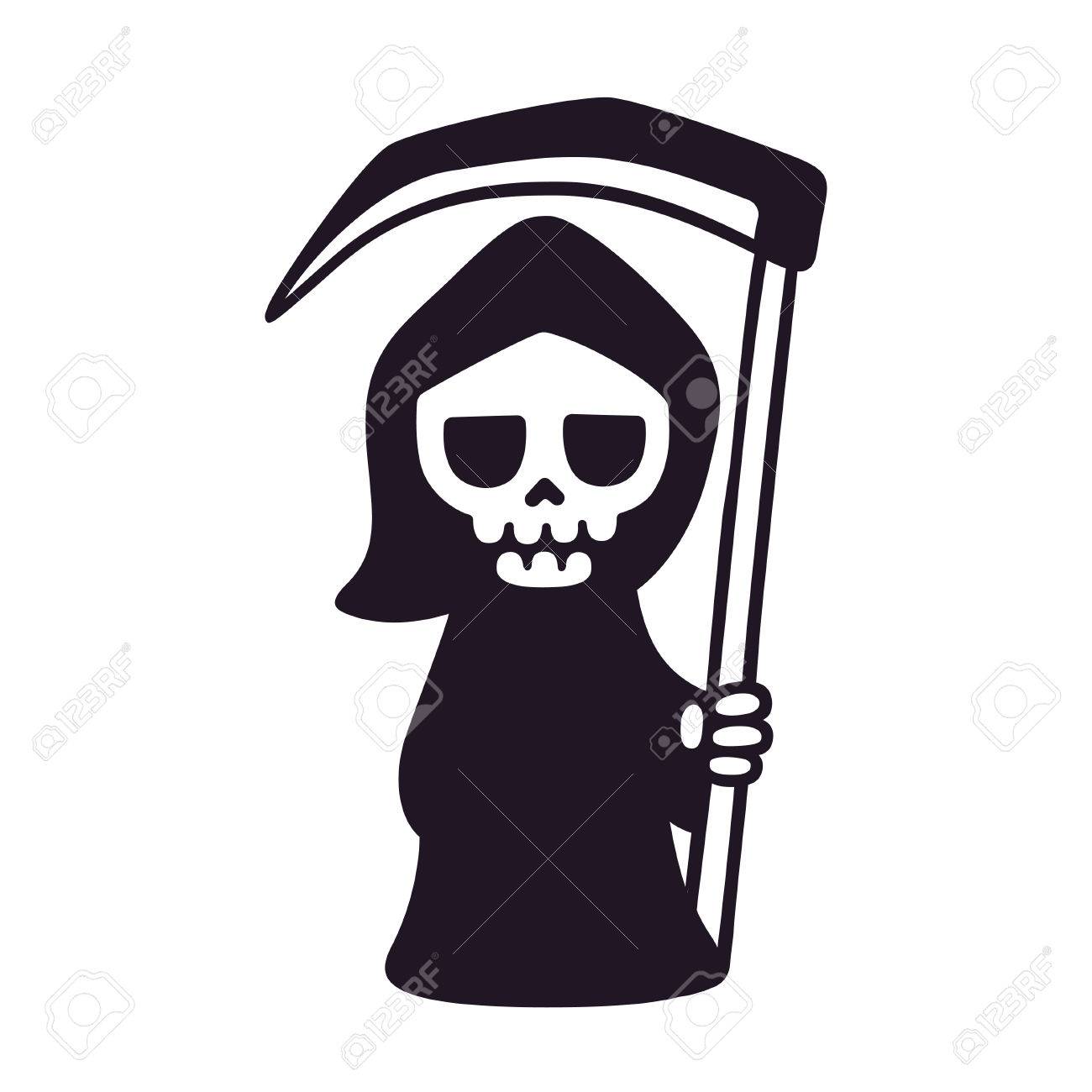 Cute death with scythe isolated black and white drawing cartoon