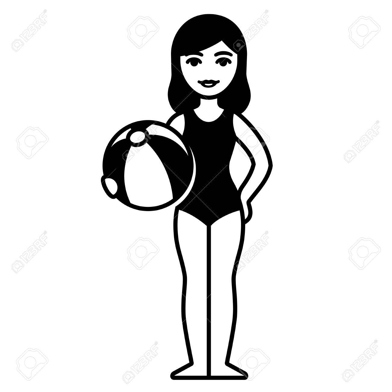 Cartoon Girl In Swimsuit Holding Beach Ball Black And White
