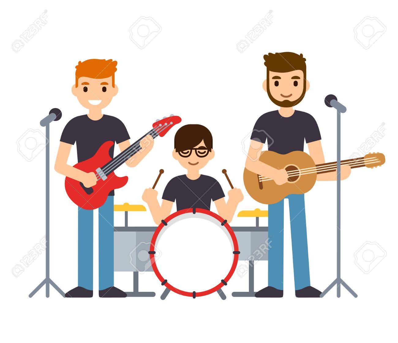 ロック グループやポップ ミュージック男の子バンド 3 つのミュージシャンのギターとドラムを演奏し 歌います フラット漫画ベクトル文字イラスト の イラスト素材 ベクタ Image