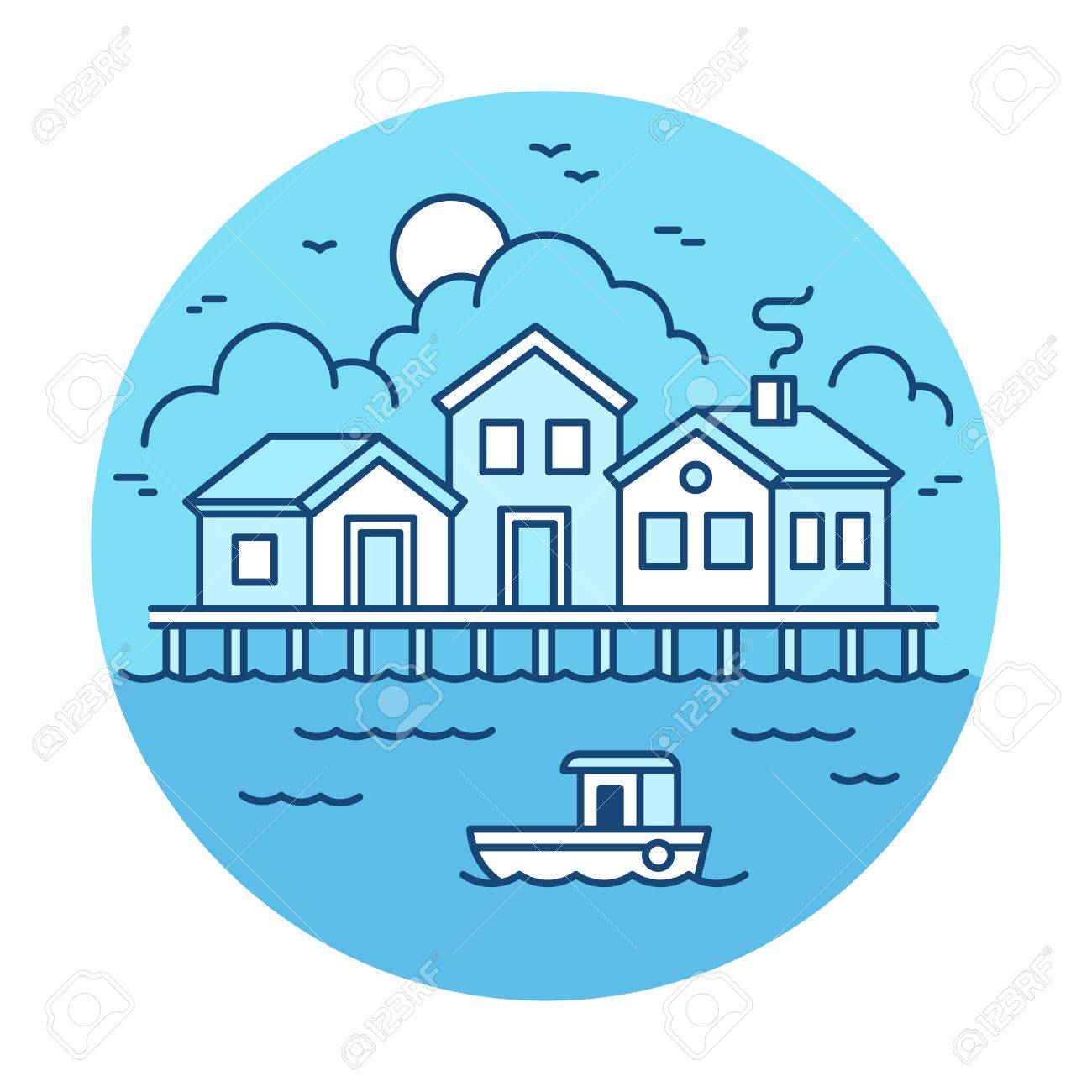 木造家屋や漁船と漁師村の風景 シンプル モダンなフラット ライン スタイルのベクトル イラスト のイラスト素材 ベクタ Image