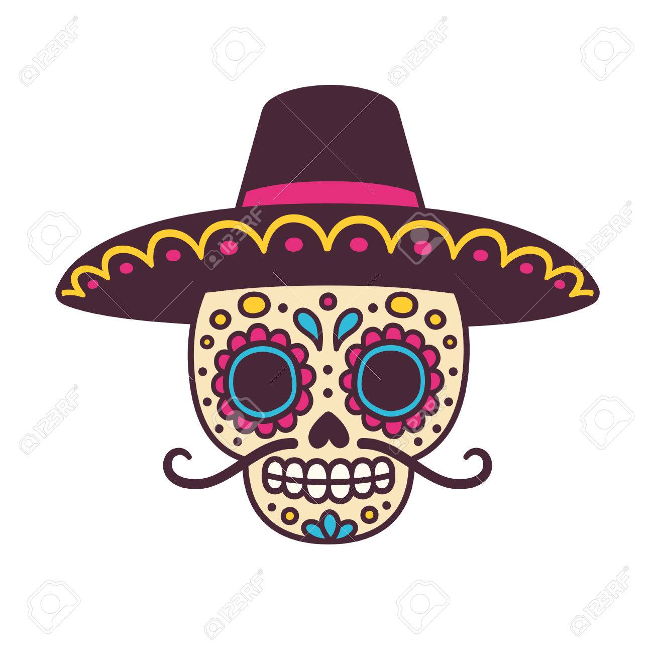 漫画メキシコ砂糖頭蓋骨ベクトル イラスト Dia デ ロス ムエルトス 死者の日 のため 口ひげとソンブレロの帽子とかわいい男性頭骨 のイラスト素材 ベクタ Image
