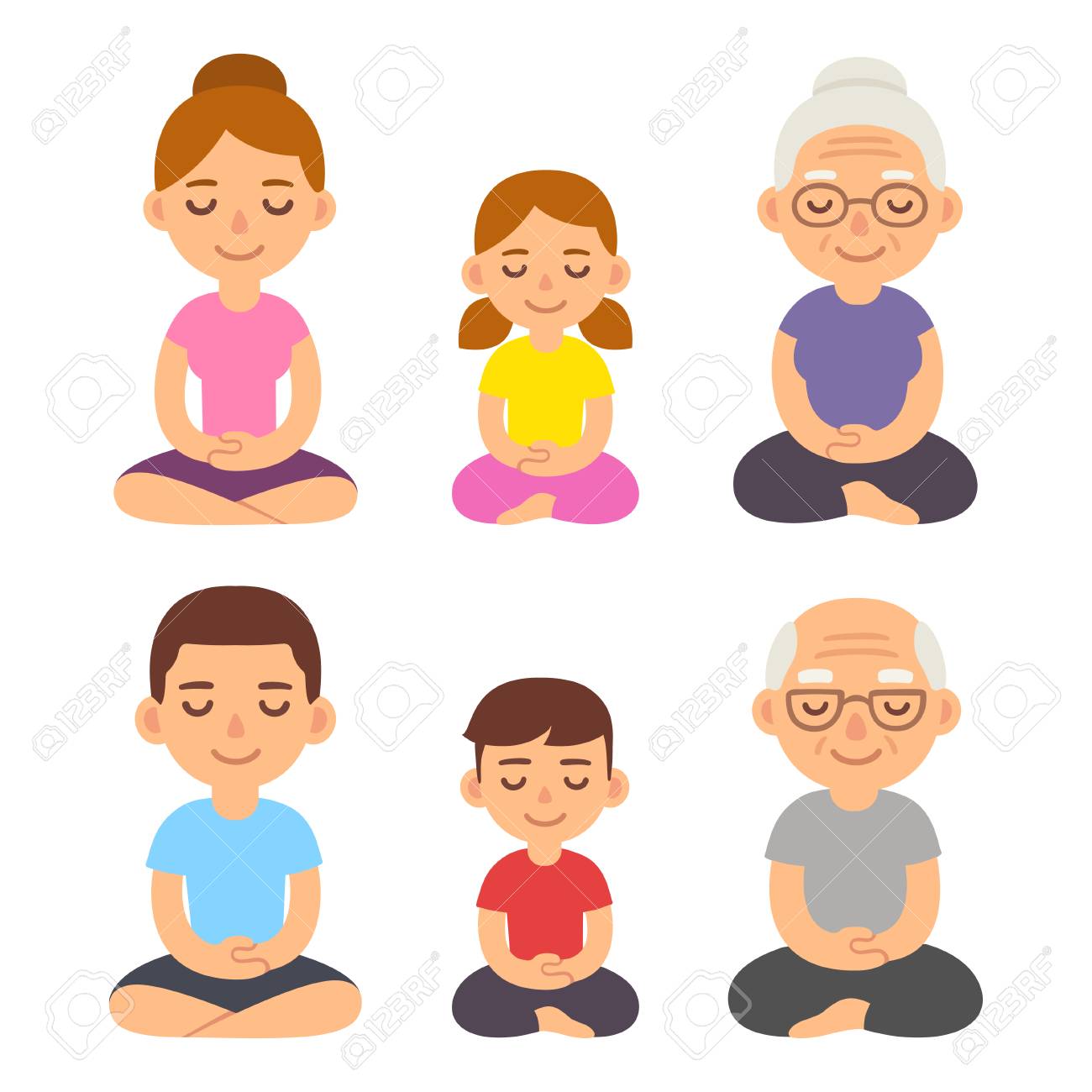 Familia Meditando Sentado En Postura De Loto, Niños, Adultos Y ...