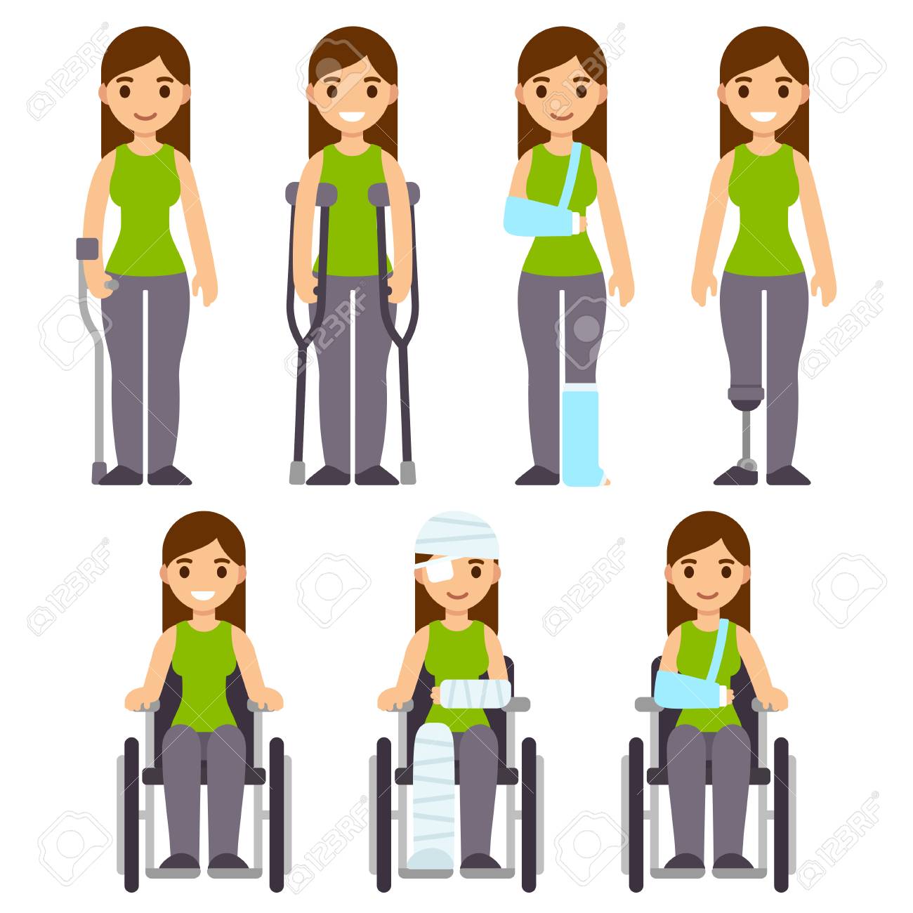 怪我 トラウマ漫画女性を設定します キャスト 包帯松葉杖と車椅子を持つ文字 病院とリハビリはベクトル イラストです のイラスト素材 ベクタ Image
