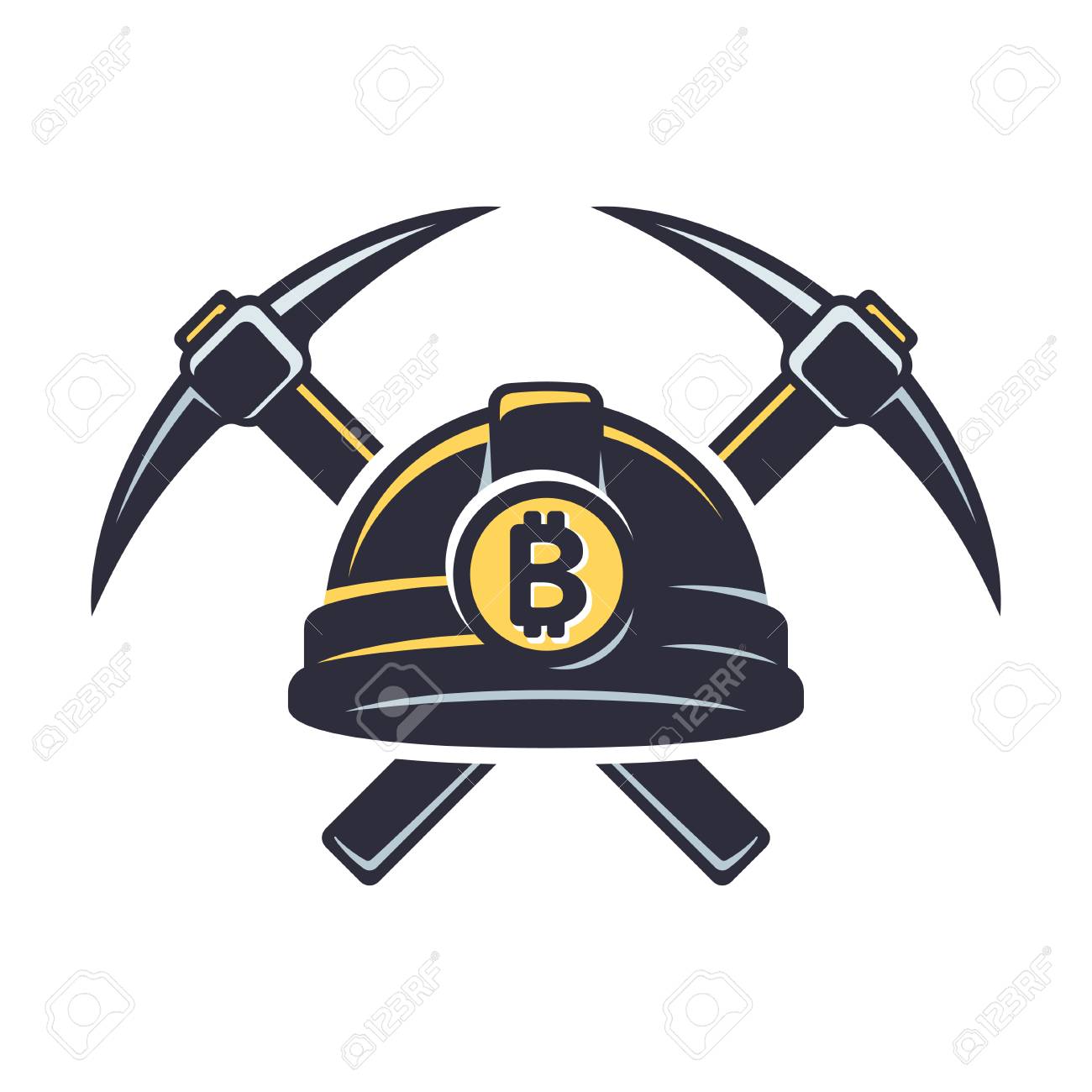 Bitcoin Mining Logo With Hard Hat Helmet And Pickaxe. Cryprocurrency  Concept Vector Illustration. Royalty Free SVG, Cliparts, Vectors, and Stock  Illustration. Image 90473278.