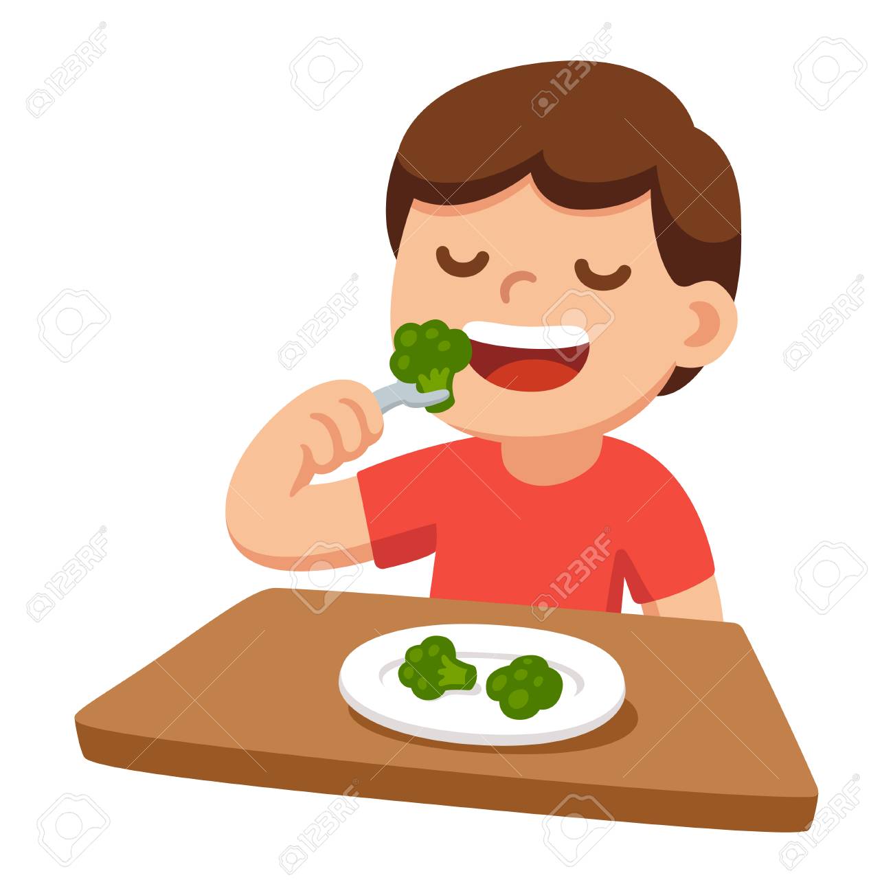 Garcon Joyeux Dessin Anime Mignon Manger Des Brocolis Aliments Sains Pour Les Legumes Et Les Enfants Illustration Vectorielle Clip Art Libres De Droits Vecteurs Et Illustration Image
