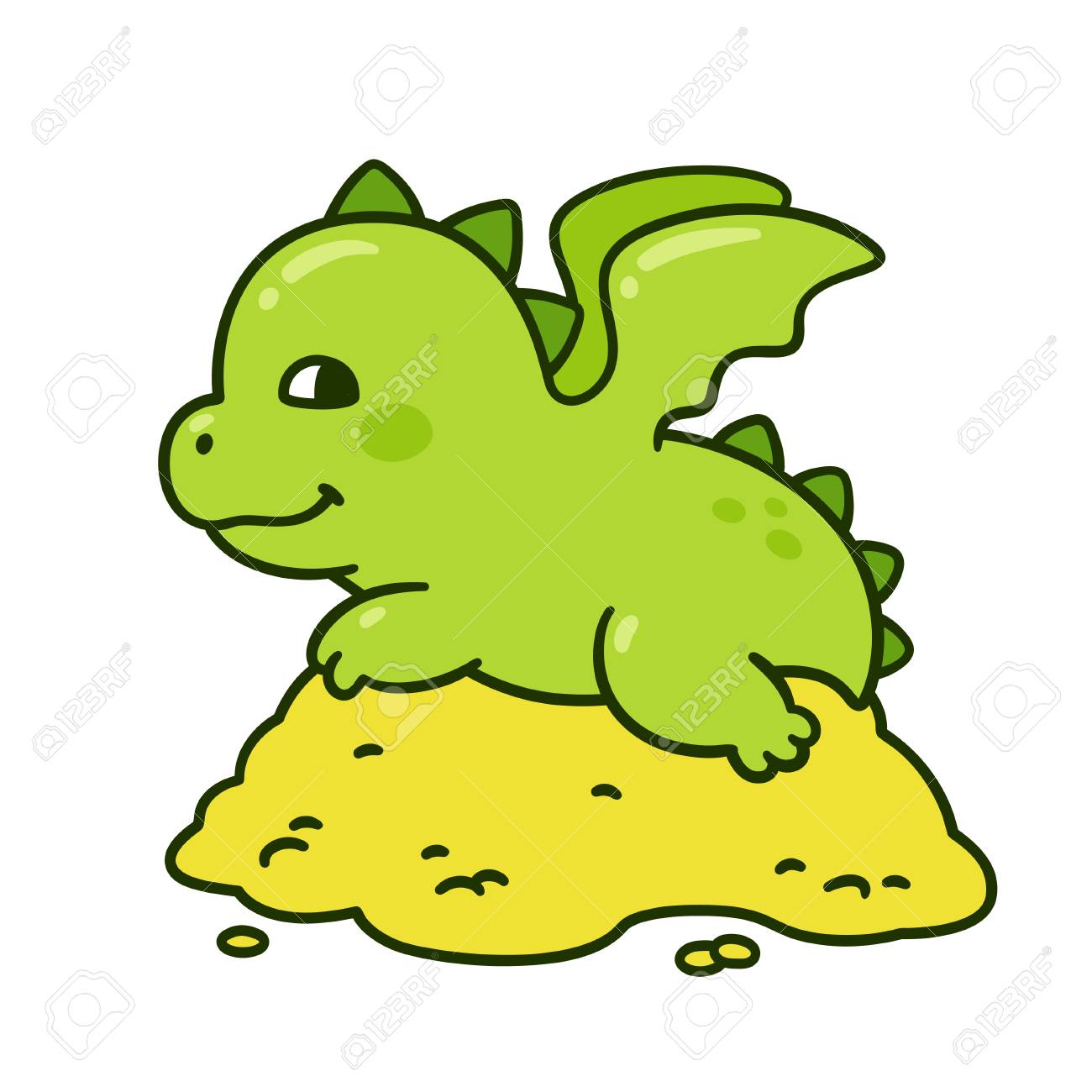 Cute Cartoon Baby Dragon On Pile Of Gold Guarding His Treasure