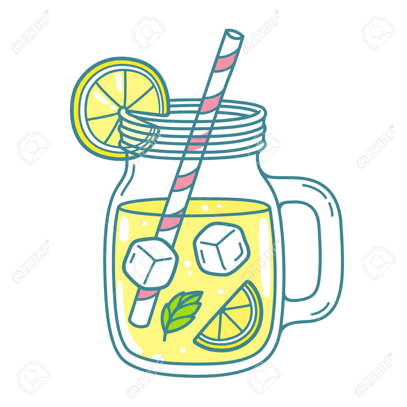 ストローとレモンウェッジを飲むメイソンジャーマグカップのレモネード さわやかな夏のドリンクベクトルクリップアートイラスト 落書きスタイルの描画 の イラスト素材 ベクタ Image