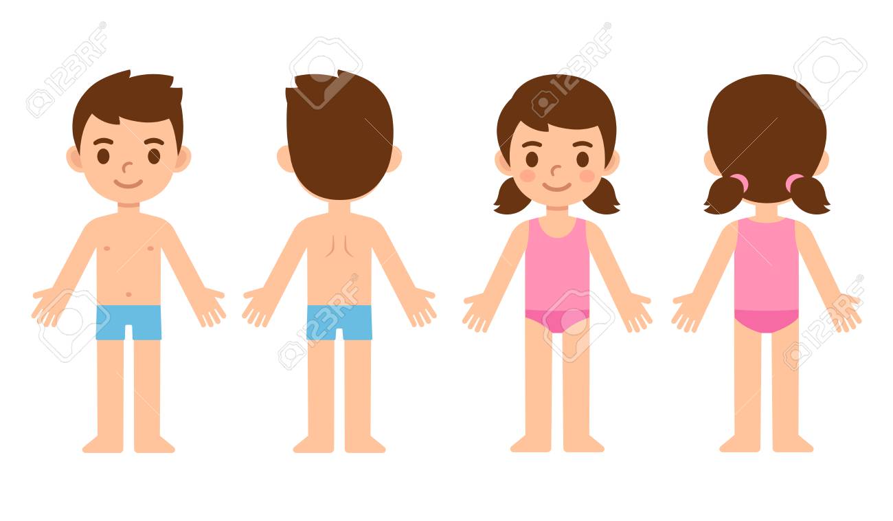 Cute cartoon children in underwear, boy and girl from front and back. Education infographic template, body parts and medical graphics. Isolated vector illustration. - 121240625 Cute cartoon children in underwear, boy and girl from front and back. Education infographic template, body parts and medical graphics. Isolated vector illustration. - 121240625