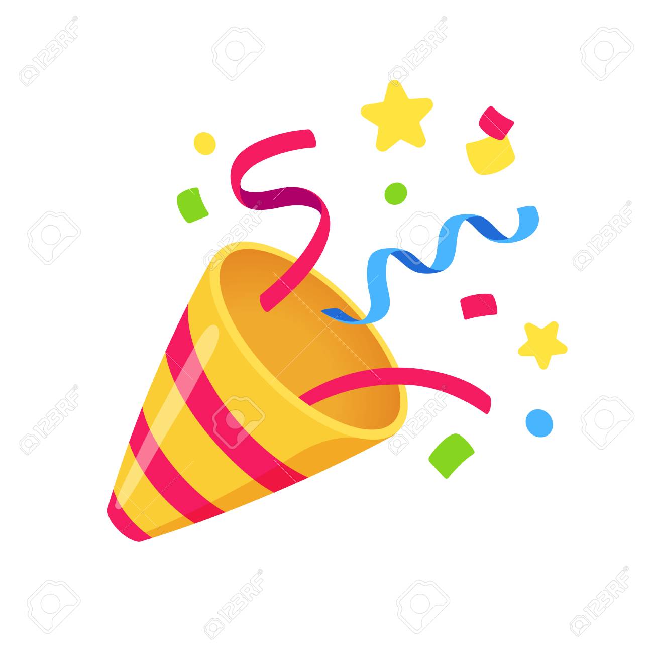 Exploding Party Popper With Confetti Bright Cartoon Birthday