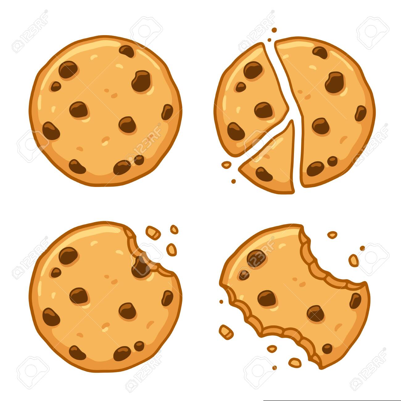 Traditional Chocolate Chip Cookies. Bitten, Broken, Cookie Crumbs. Cartoon  Vector Illustration Set. Royalty Free SVG, Cliparts, Vectors, And Stock  Illustration. Image 122634989.