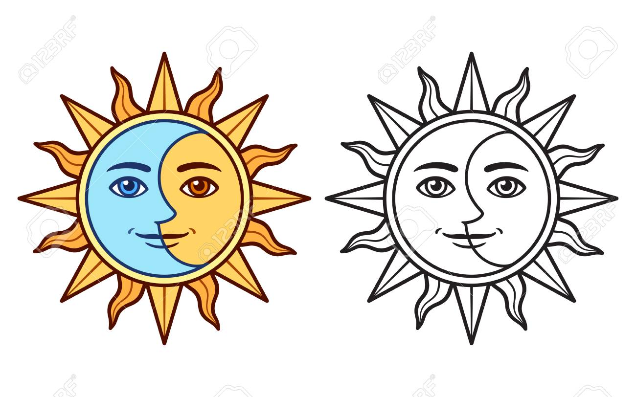 Stylized Half Sun Half Moon Face, Black And White Drawing And Color  Version. Vintage Boho Tattoo Symbol, Vector Clip Art Illustration.  Клипарты, SVG, векторы, и Набор Иллюстраций Без Оплаты Отчислений. Image  124951221
