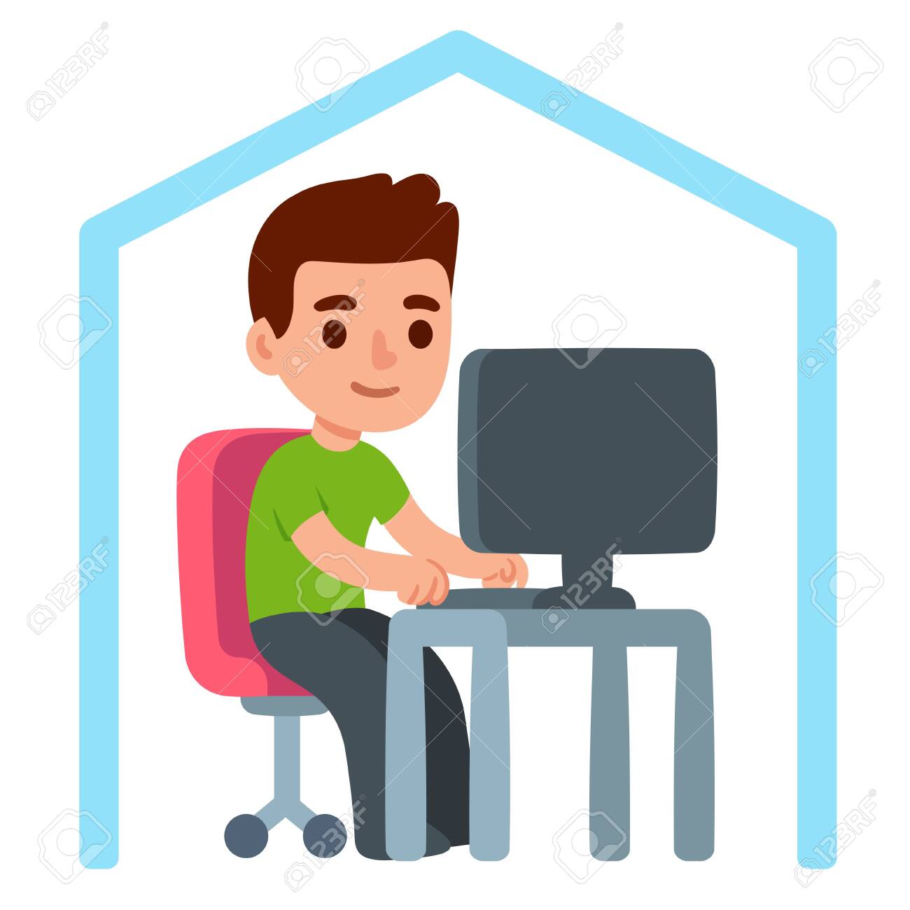 Cute Cartoon Character Working From Home. Remote Work And Telecommuting, Or  Freelance Job. Isolated Vector Clip Art Illustration In Simple Flat Style.  Royalty Free SVG, Cliparts, Vectors, and Stock Illustration. Image  142224178., image size:1300x1299