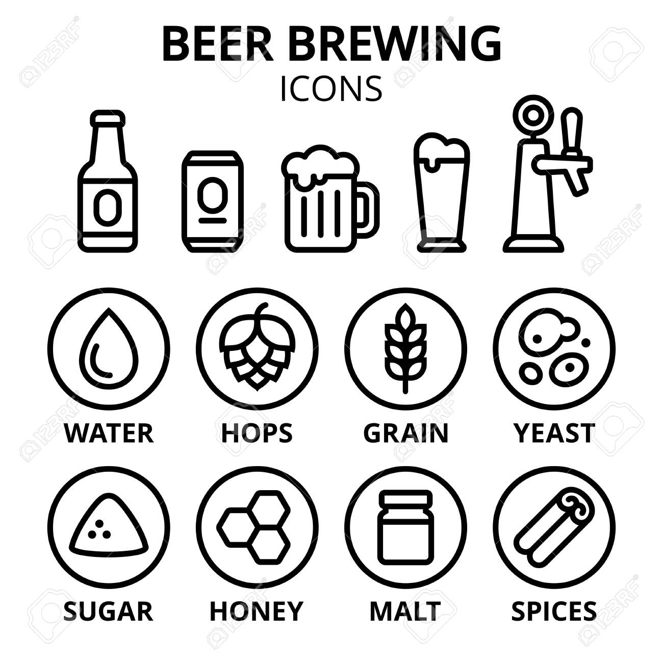 Beer Brewing Icon Set Beer Making Ingredients Glasses And Containers Royalty Free Cliparts Vectors And Stock Illustration Image